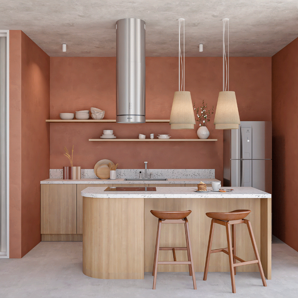 terracotta wall kitchen, mid century style wooden furniture and white countertops