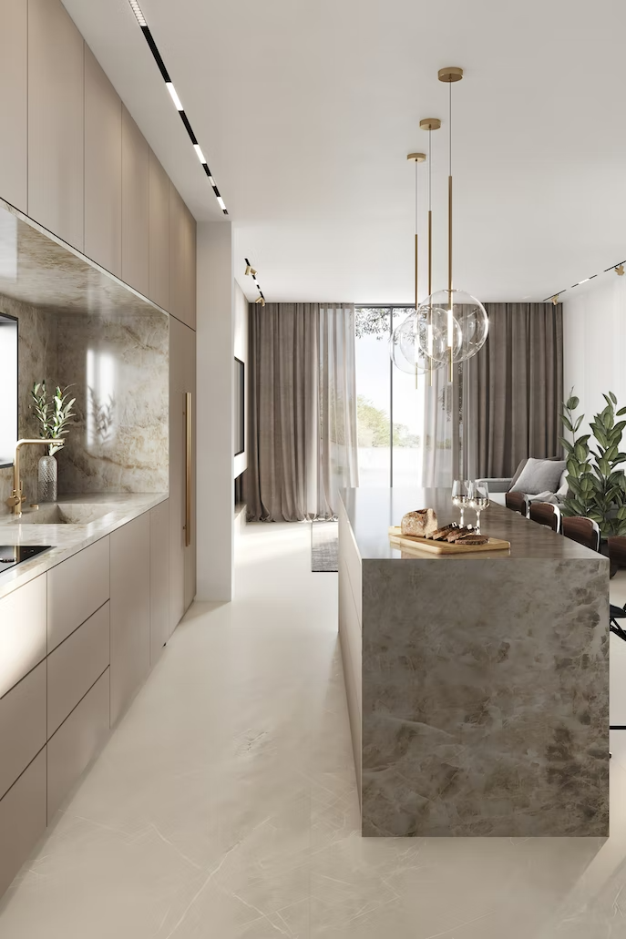 luxurious bright grey and beige kitchen in marble finish and glass pendant lights over island