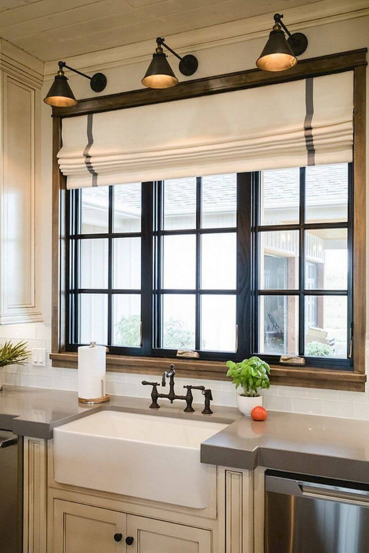 roman blind window treatment in black and white kitchen
