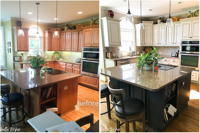 before and after of kitchen from stained orange wood to painted white cabinets and painted dark island unit